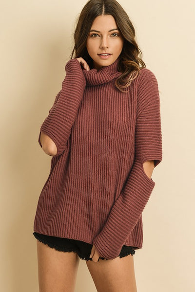 CUTOUT SLEEVE TURTLENECK SWEATER