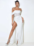 NORMA WHITE OFF SHOULDER CRYSTAL CORSET SATIN GOWN