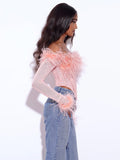 EMER BLUSH MESH FEATHER CORSET TOP