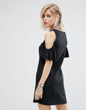 COLD SHOULDER RUFFLE DRESS - SHOP MĒKO