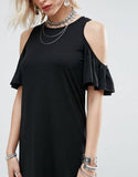 COLD SHOULDER RUFFLE DRESS - SHOP MĒKO